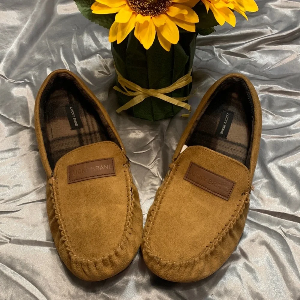 🌹 LUCKY BRAND • Brown Faux Suede WARM COZY MENS SLIP ON LOUNGE HOUSE SHOES •